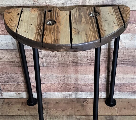 Farmhouse Wood Spool Half Table - 20" to 36 IN - Hairpin & Pipe Legs -  Statement Piece Gift - End Side Dining Indoor Outdoor Wooden Table
