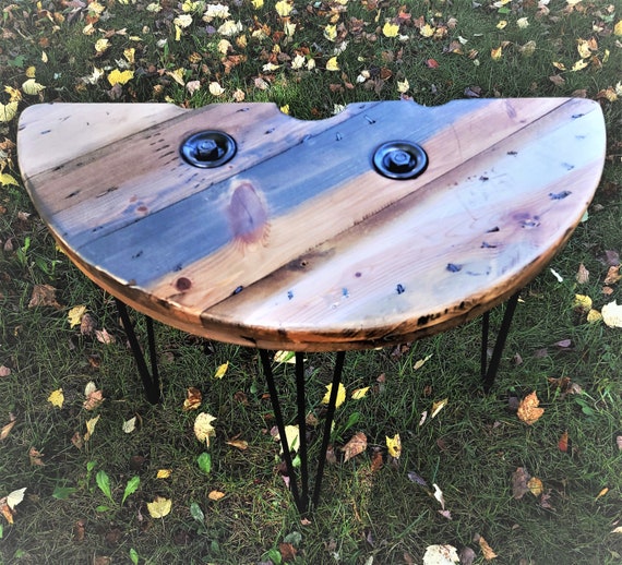 Farmhouse Wood Spool Half Table - 20" to 36 IN - Hairpin & Pipe Legs -  Statement Piece Gift - End Side Dining Indoor Outdoor Wooden Table