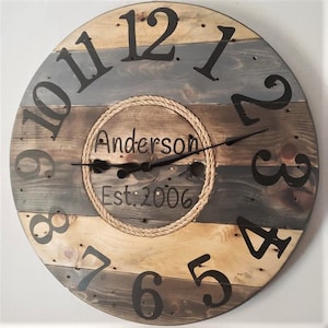 Farmhouse Wood Spool Wall Clock - 20" to 36 IN Round Wooden Clock - Personalized Unique Gift - Industrial Rustic Statement Piece- Custom Art