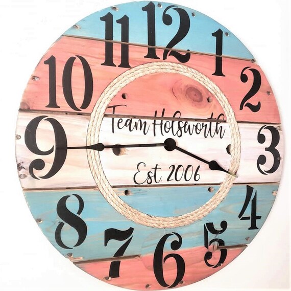 Farmhouse Wood Spool Wall Clock - 20" to 36 IN Round Wooden Clock - Personalized Unique Gift - Industrial Rustic Statement Piece- Custom Art