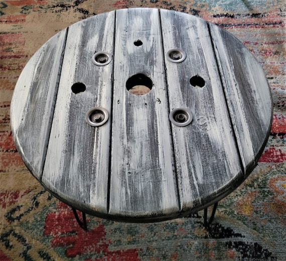 Farmhouse Wood Spool Table - 20" to 36 IN - Hairpin & Pipe Legs - Statement Piece Gift - Round Coffee Side Dining Pub Outdoor Wooden Table