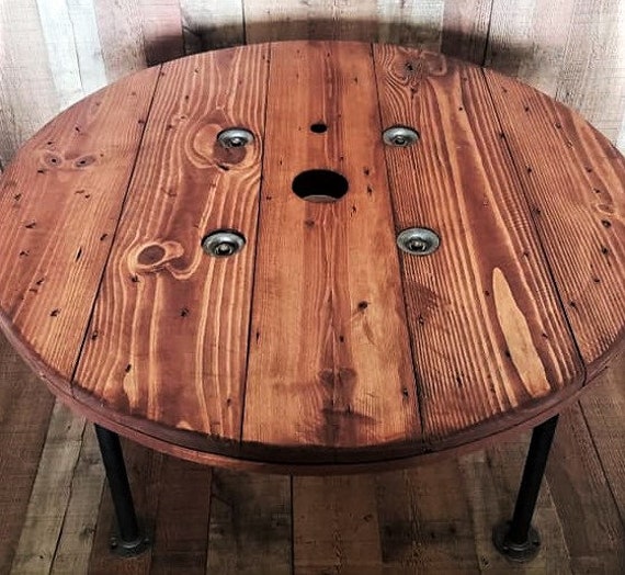 Farmhouse Wood Spool Table - 20" to 36 IN - Hairpin & Pipe Legs - Statement Piece Gift - Round Coffee Side Dining Pub Outdoor Wooden Table