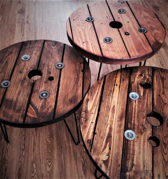 Farmhouse Wood Spool Table - 20" to 36 IN - Hairpin & Pipe Legs - Statement Piece Gift - Round Coffee Side Dining Pub Outdoor Wooden Table