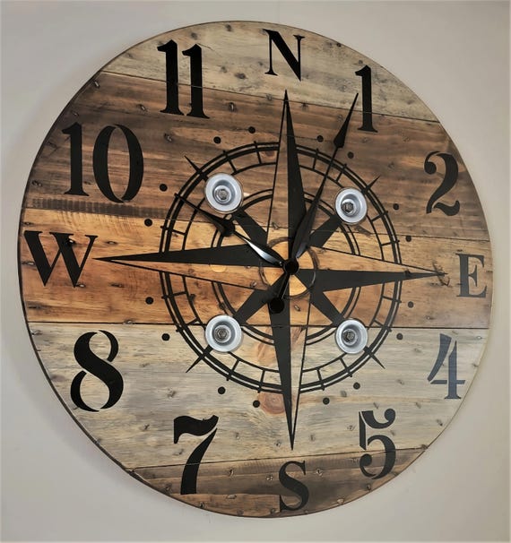 Farmhouse Wood Spool Wall Clock - 20" to 36 IN Round Wooden Clock - Personalized Unique Gift - Industrial Rustic Statement Piece- Custom Art