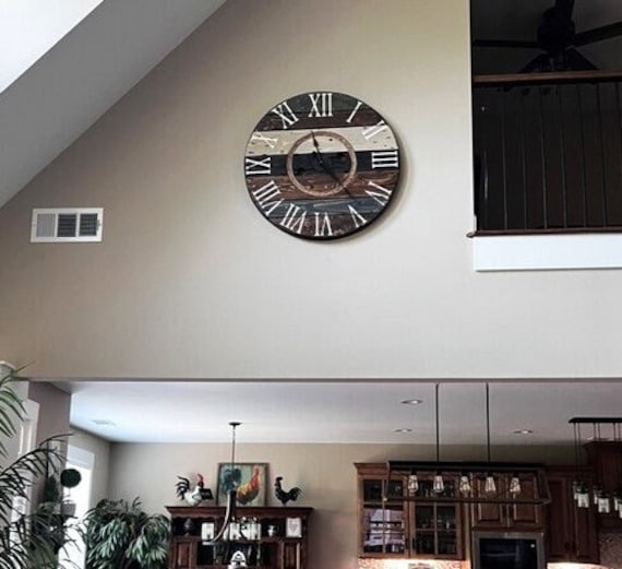 Farmhouse Wood Spool Wall Clock - 20" to 36 IN Round Wooden Clock - Personalized Unique Gift - Industrial Rustic Statement Piece- Custom Art