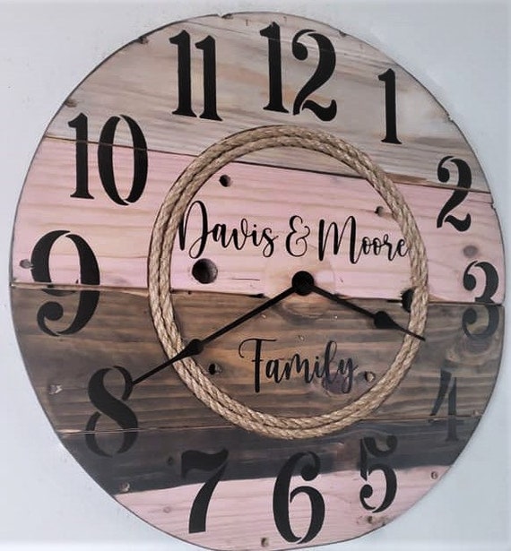 Farmhouse Wood Spool Wall Clock - 20" to 36 IN Round Wooden Clock - Personalized Unique Gift - Industrial Rustic Statement Piece- Custom Art