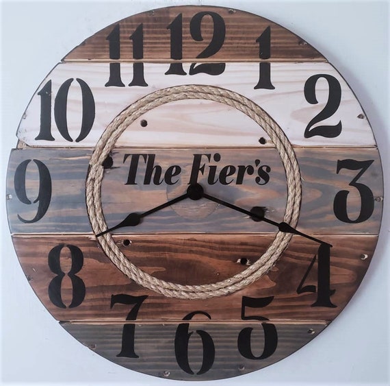 Farmhouse Wood Spool Wall Clock - 20" to 36 IN Round Wooden Clock - Personalized Unique Gift - Industrial Rustic Statement Piece- Custom Art