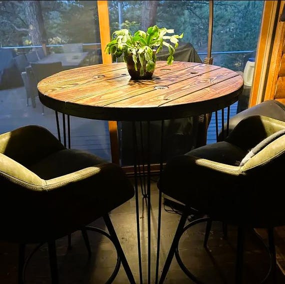 Farmhouse Wood Spool Table - 20" to 36 IN - Hairpin & Pipe Legs - Statement Piece Gift - Round Coffee Side Dining Pub Outdoor Wooden Table