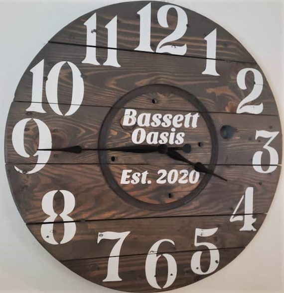 Farmhouse Wood Spool Wall Clock - 20" to 36 IN Round Wooden Clock - Personalized Unique Gift - Industrial Rustic Statement Piece- Custom Art