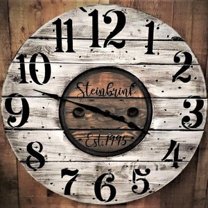 Farmhouse Wood Spool Wall Clock - 20" to 36 IN Round Wooden Clock - Personalized Unique Gift - Industrial Rustic Statement Piece- Custom Art