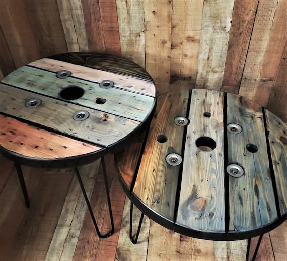 20 To 36 Farmhouse Round Wood Spool Table Hairpin Pipe Legs Industrial Rustic Coffee Dining 20 To 36 Farmhouse Round Wood Spool, How To Put 3 Hairpin Legs On A Round Table