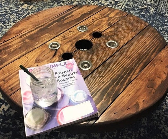 Farmhouse Wood Spool Table - 20" to 36 IN - Hairpin & Pipe Legs - Statement Piece Gift - Round Coffee Side Dining Pub Outdoor Wooden Table