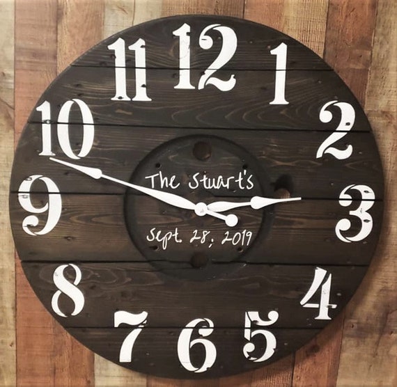 Farmhouse Wood Spool Wall Clock - 20" to 36 IN Round Wooden Clock - Personalized Unique Gift - Industrial Rustic Statement Piece- Custom Art