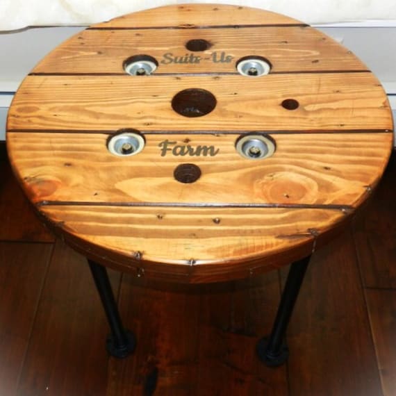 Farmhouse Wood Spool Table - 20" to 36 IN - Hairpin & Pipe Legs - Statement Piece Gift - Round Coffee Side Dining Pub Outdoor Wooden Table