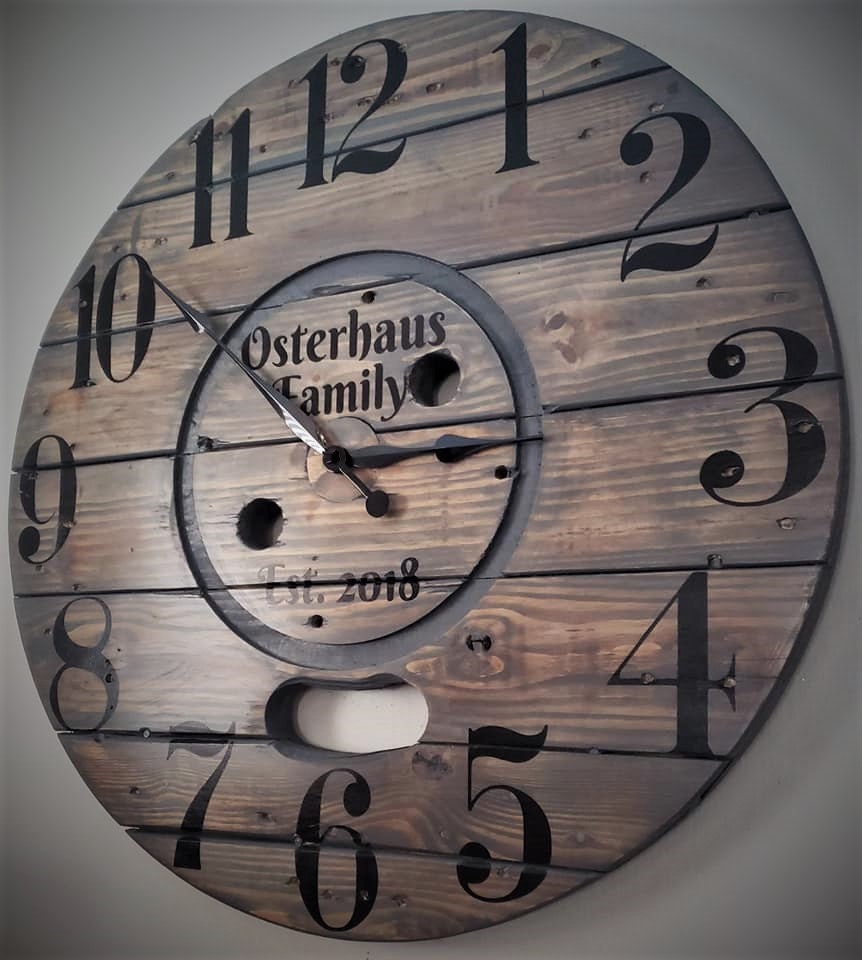 Farmhouse Wood Spool Wall Clock 20 to 36 IN Round Wooden Clock Personalized Unique Gift