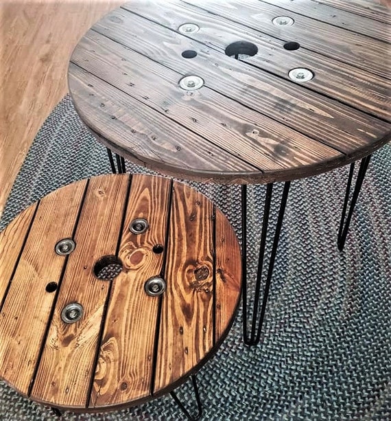 Farmhouse Wood Spool Table - 20" to 36 IN - Hairpin & Pipe Legs - Statement Piece Gift - Round Coffee Side Dining Pub Outdoor Wooden Table