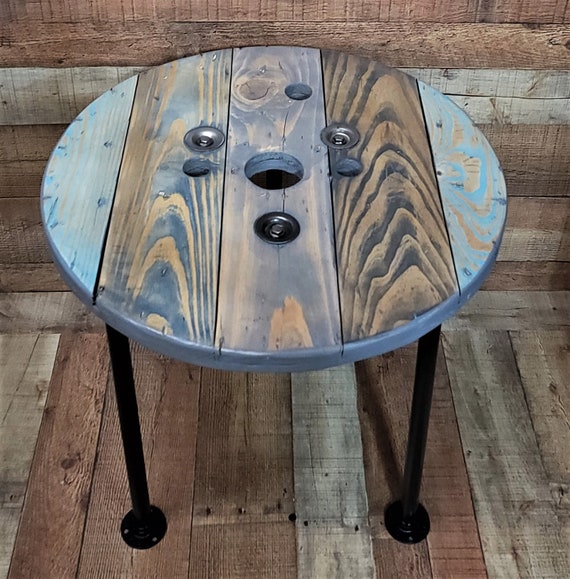 Farmhouse Wood Spool Table - 20" to 36 IN - Hairpin & Pipe Legs - Statement Piece Gift - Round Coffee Side Dining Pub Outdoor Wooden Table
