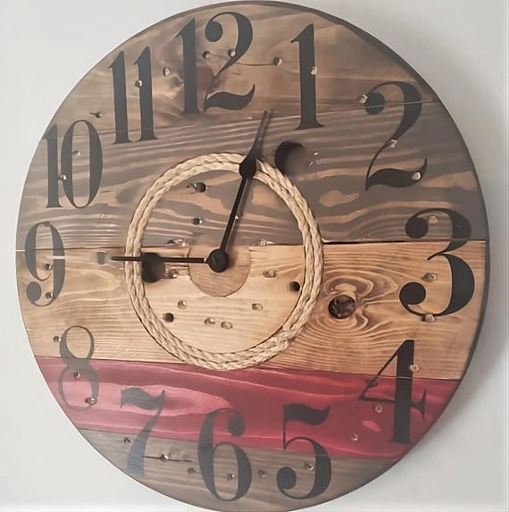 Farmhouse Wood Spool Wall Clock - 20" to 36 IN Round Wooden Clock - Personalized Unique Gift - Industrial Rustic Statement Piece- Custom Art