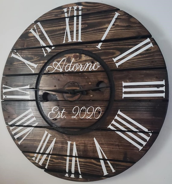 Farmhouse Wood Spool Wall Clock - 20" to 36 IN Round Wooden Clock - Personalized Unique Gift - Industrial Rustic Statement Piece- Custom Art