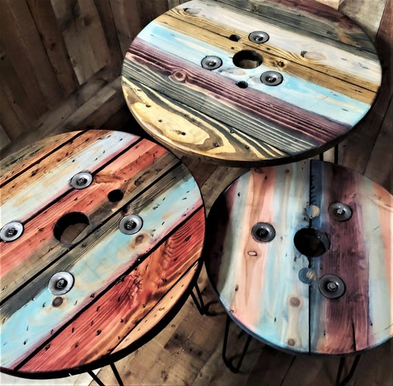 Farmhouse Wood Spool Table - 20" to 36 IN - Hairpin & Pipe Legs - Statement Piece Gift - Round Coffee Side Dining Pub Outdoor Wooden Table