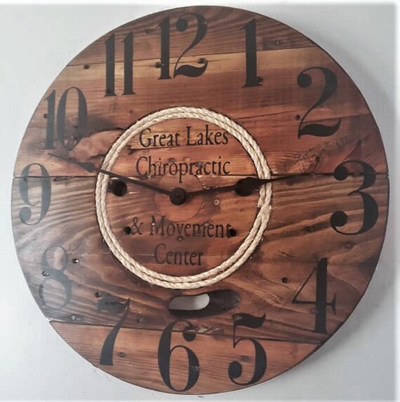 Farmhouse Wood Spool Wall Clock - 20" to 36 IN Round Wooden Clock - Personalized Unique Gift - Industrial Rustic Statement Piece- Custom Art