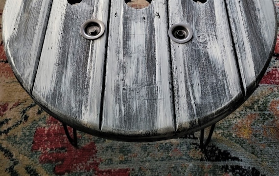 Farmhouse Wood Spool Half Table - 20" to 36 IN - Hairpin & Pipe Legs -  Statement Piece Gift - End Side Dining Indoor Outdoor Wooden Table