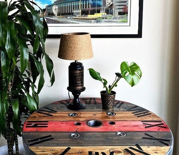 Farmhouse Wood Spool Table - 20" to 36 IN - Hairpin & Pipe Legs - Statement Piece Gift - Round Coffee Side Dining Pub Outdoor Wooden Table