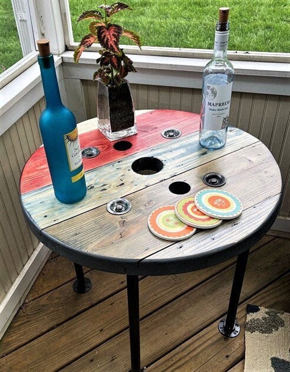Farmhouse Wood Spool Table - 20" to 36 IN - Hairpin & Pipe Legs - Statement Piece Gift - Round Coffee Side Dining Pub Outdoor Wooden Table