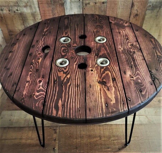 Farmhouse Wood Spool Table - 20" to 36 IN - Hairpin & Pipe Legs - Statement Piece Gift - Round Coffee Side Dining Pub Outdoor Wooden Table