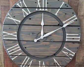 Farmhouse Wood Spool Wall Clock - 20" to 36 IN Round Wooden Clock - Personalized Unique Gift - Industrial Rustic Statement Piece- Custom Art