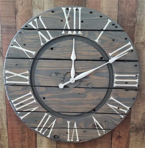 Farmhouse Wood Spool Wall Clock - 20" to 36 IN Round Wooden Clock - Personalized Unique Gift - Industrial Rustic Statement Piece- Custom Art