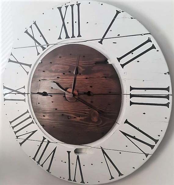 Farmhouse Wood Spool Wall Clock - 20" to 36 IN Round Wooden Clock - Personalized Unique Gift - Industrial Rustic Statement Piece- Custom Art