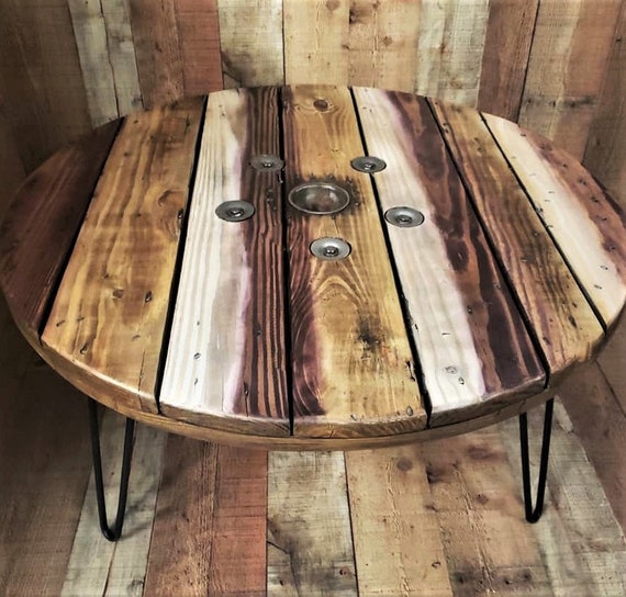 Farmhouse Wood Spool Table - 20" to 36 IN - Hairpin & Pipe Legs - Statement Piece Gift - Round Coffee Side Dining Pub Outdoor Wooden Table