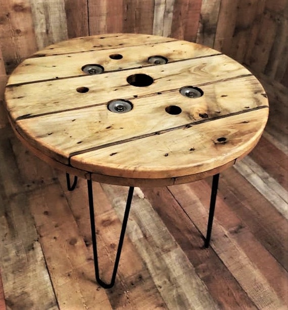 Farmhouse Wood Spool Table - 20" to 36 IN - Hairpin & Pipe Legs - Statement Piece Gift - Round Coffee Side Dining Pub Outdoor Wooden Table