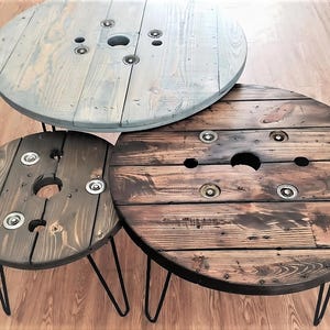 Rustic Spool Wood Round Table – 20" to 36" – Hairpin or Pipe Legs – Coffee Side Dining Pub Outdoor Table – Farmhouse Industrial Decor