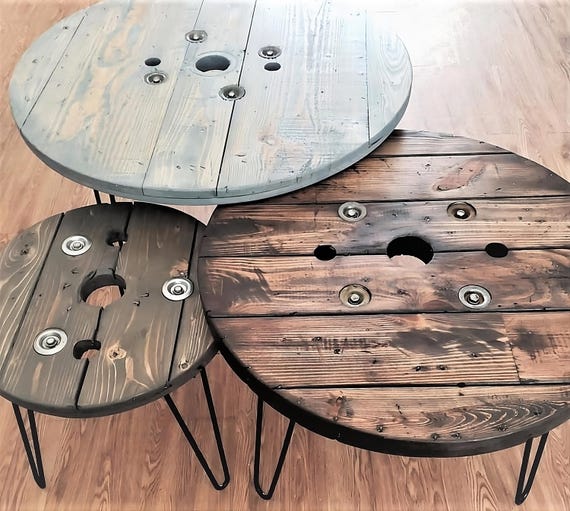 Farmhouse Wood Spool Table - 20" to 36 IN - Hairpin & Pipe Legs - Statement Piece Gift - Round Coffee Side Dining Pub Outdoor Wooden Table