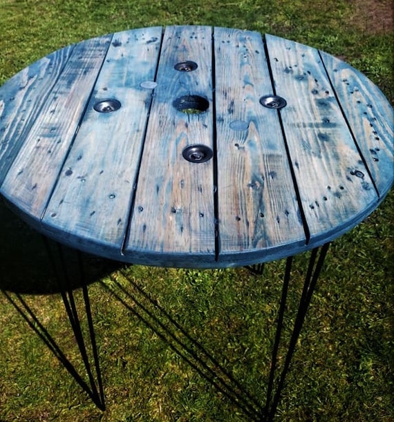 Farmhouse Wood Spool Table - 20" to 36 IN - Hairpin & Pipe Legs - Statement Piece Gift - Round Coffee Side Dining Pub Outdoor Wooden Table