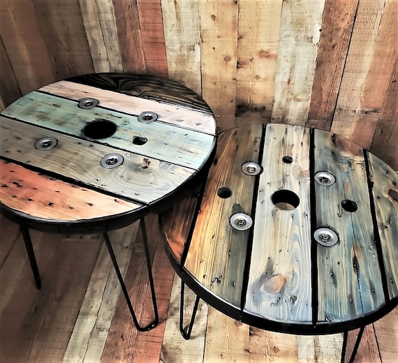 Farmhouse Wood Spool Table - 20" to 36 IN - Hairpin & Pipe Legs - Statement Piece Gift - Round Coffee Side Dining Pub Outdoor Wooden Table