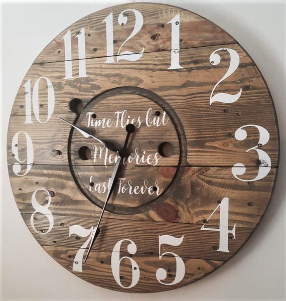 Farmhouse Wood Spool Wall Clock - 20" to 36 IN Round Wooden Clock - Personalized Unique Gift - Industrial Rustic Statement Piece- Custom Art