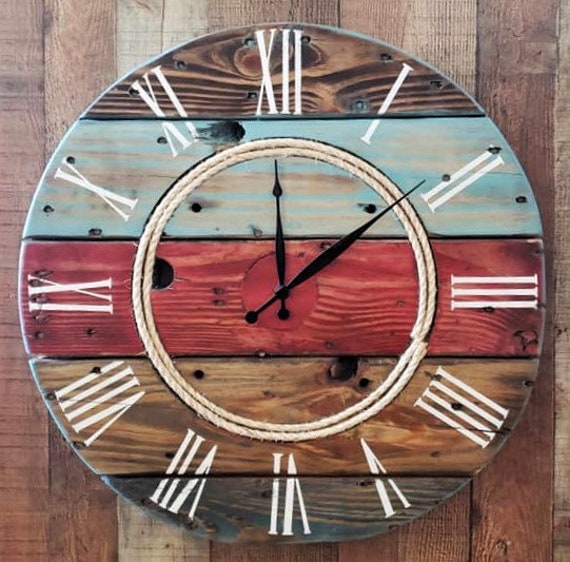 Farmhouse Wood Spool Wall Clock - 20" to 36 IN Round Wooden Clock - Personalized Unique Gift - Industrial Rustic Statement Piece- Custom Art