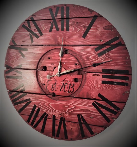 Farmhouse Wood Spool Wall Clock - 20" to 36 IN Round Wooden Clock - Personalized Unique Gift - Industrial Rustic Statement Piece- Custom Art
