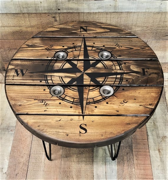 Farmhouse Wood Spool Table - 20" to 36 IN - Hairpin & Pipe Legs - Statement Piece Gift - Round Coffee Side Dining Pub Outdoor Wooden Table