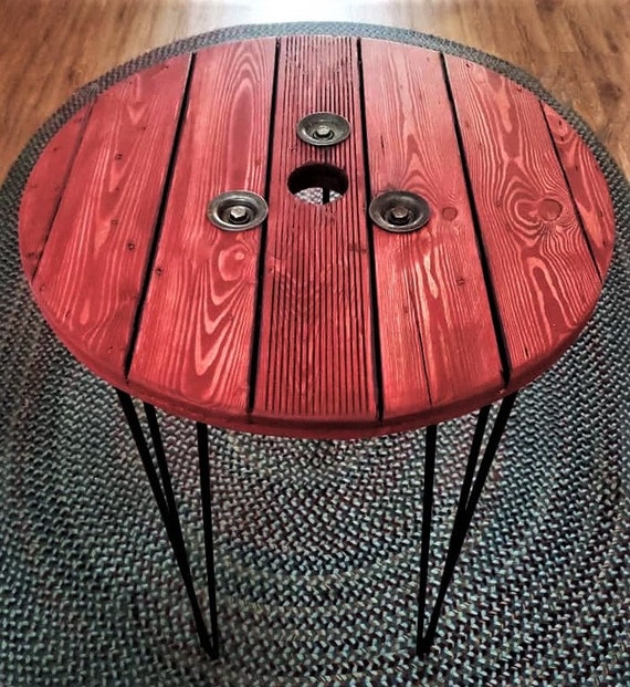 Farmhouse Wood Spool Table - 20" to 36 IN - Hairpin & Pipe Legs - Statement Piece Gift - Round Coffee Side Dining Pub Outdoor Wooden Table