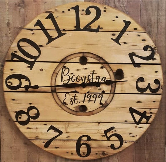 Farmhouse Wood Spool Wall Clock - 20" to 36 IN Round Wooden Clock - Personalized Unique Gift - Industrial Rustic Statement Piece- Custom Art