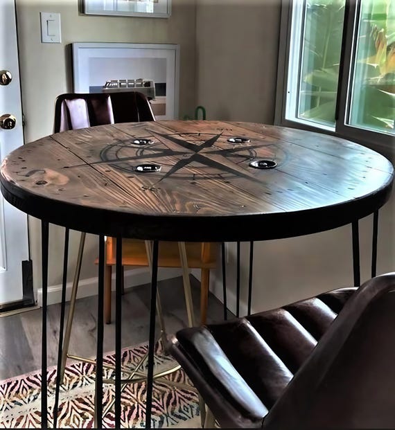 Farmhouse Wood Spool Table - 20" to 36 IN - Hairpin & Pipe Legs - Statement Piece Gift - Round Coffee Side Dining Pub Outdoor Wooden Table