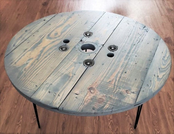 Farmhouse Wood Spool Table - 20" to 36 IN - Hairpin & Pipe Legs - Statement Piece Gift - Round Coffee Side Dining Pub Outdoor Wooden Table