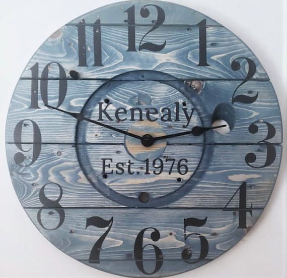 Farmhouse Wood Spool Wall Clock - 20" to 36 IN Round Wooden Clock - Personalized Unique Gift - Industrial Rustic Statement Piece- Custom Art