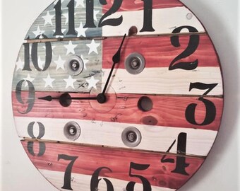 Farmhouse Wood Spool Wall Clock - 20" to 36 IN Round Wooden Clock - Personalized Unique Gift - Industrial Rustic Statement Piece- Custom Art