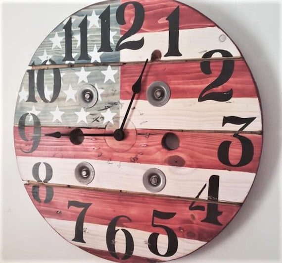 Farmhouse Wood Spool Wall Clock - 20" to 36 IN Round Wooden Clock - Personalized Unique Gift - Industrial Rustic Statement Piece- Custom Art