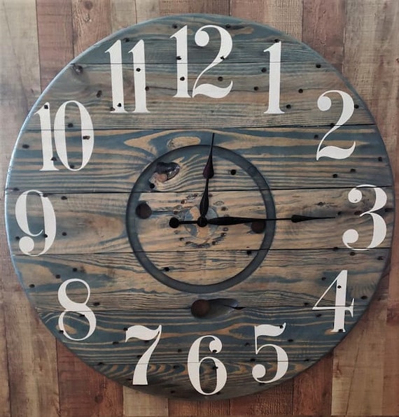 Farmhouse Wood Spool Wall Clock - 20" to 36 IN Round Wooden Clock - Personalized Unique Gift - Industrial Rustic Statement Piece- Custom Art